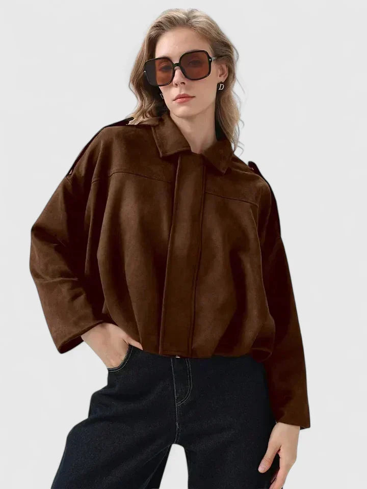 Effortless Faux Suede Cropped Jacket for Women with Point Collar Long Sleeve Oversized Bubble Hem Casual Style