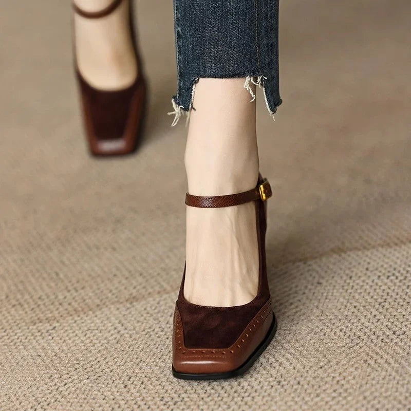 Elegant Brogue Mary Jane Pumps for Women with Square Toe Buckle Strap Block Heel Style
