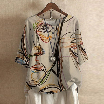 Effortless Patchwork Print Blouse for Women with Round Neck Elbow Sleeve Relaxed Boho Style
