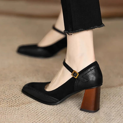Elegant Brogue Mary Jane Pumps for Women with Square Toe Buckle Strap Block Heel Style