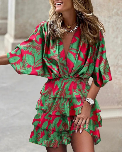 Effortless Floral Tiered Mini Dress for Women with V Neck Batwing Sleeve Smocked Waist Ruffle Style