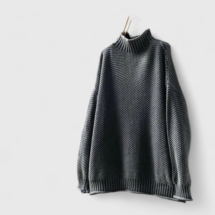 Comfortable Chunky Knit Sweater for Women with Mock Neck Long Sleeve Curved Hem Oversized Knit Style