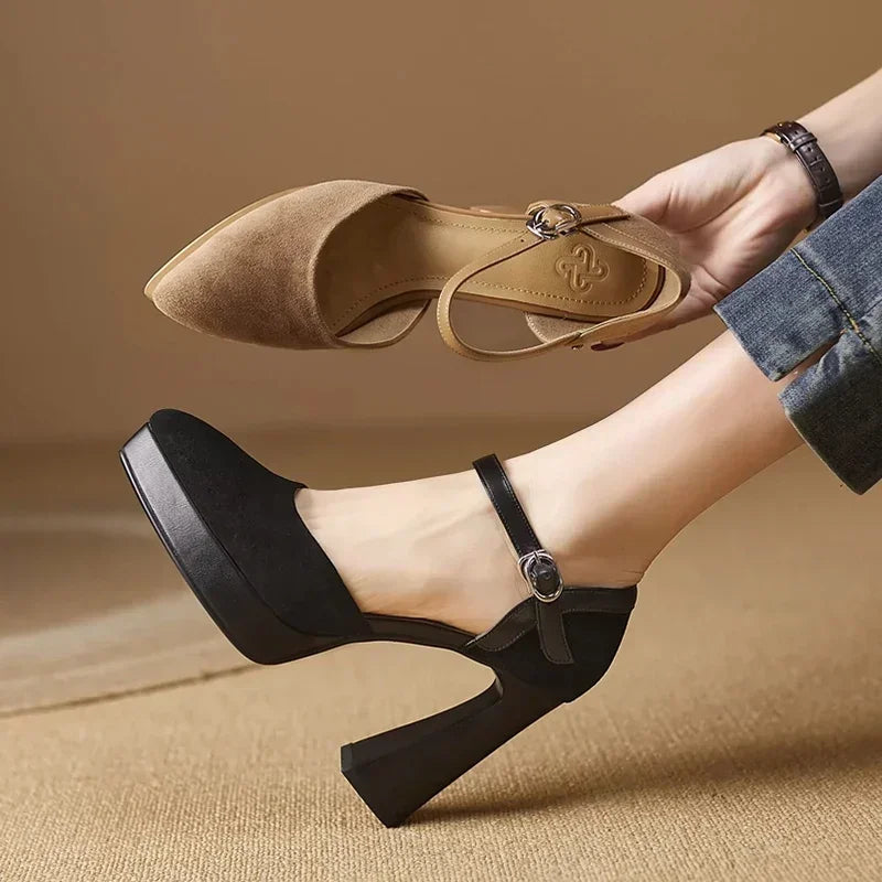 Stylish Suede Platform Pumps for Women with Mary Jane Ankle Strap Chunky Heel Style