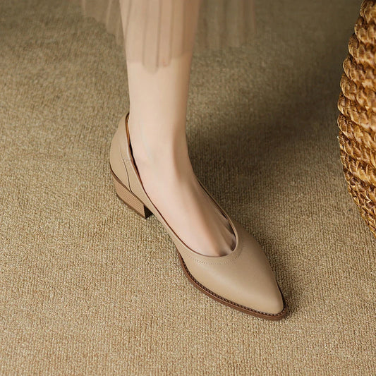 Elegant Leather Pointed Toe Pump for Women with V Cut Vamp Block Heel Slip On Casual Style
