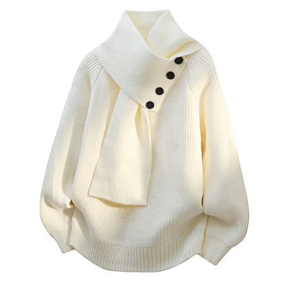 Comfortable Ribbed Sweater for Women with Asymmetric Collar Long Sleeve Button Front Oversized Knit Style