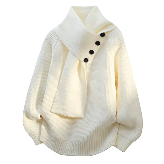 Comfortable Ribbed Sweater for Women with Asymmetric Collar Long Sleeve Button Front Oversized Knit Style