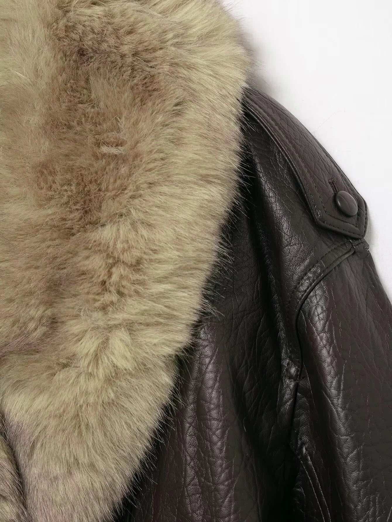 Elegant Faux Fur Collar Leather Jacket for Women with Long Sleeve Oversized Snap Button Bomber Style