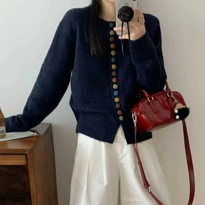 Comfortable Rainbow Button Cardigan Sweater for Women with Round Neck Long Sleeve Cropped Ribbed Knit Style