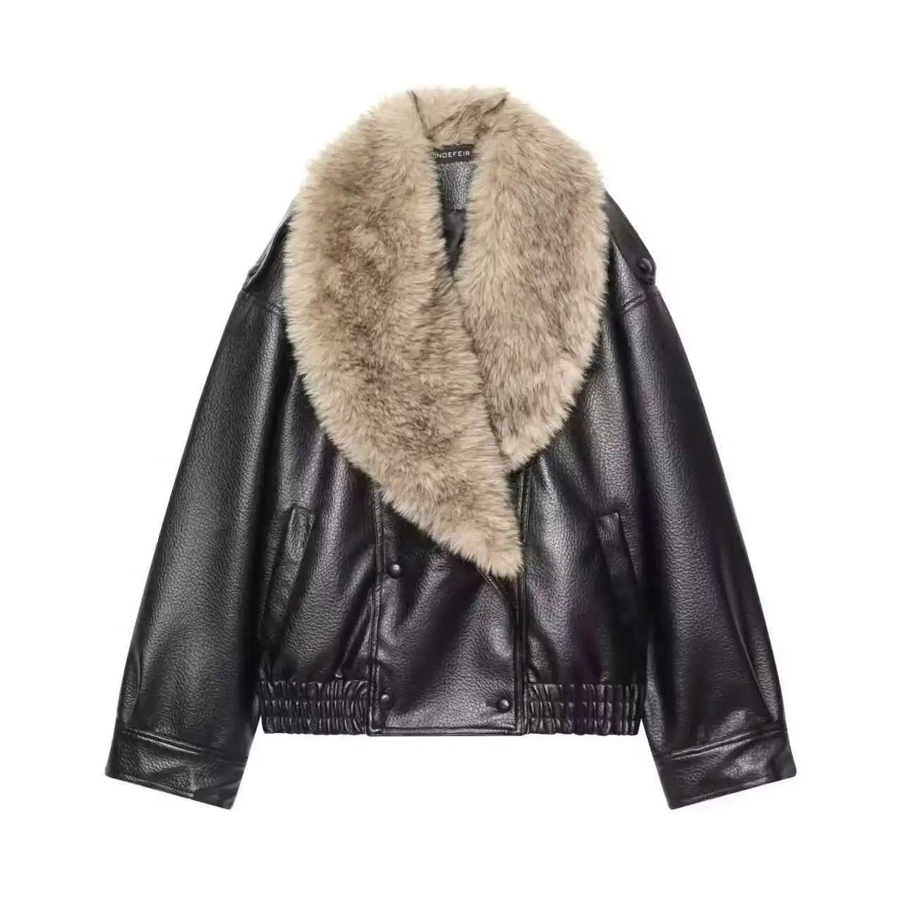 Elegant Faux Fur Collar Leather Jacket for Women with Long Sleeve Oversized Snap Button Bomber Style