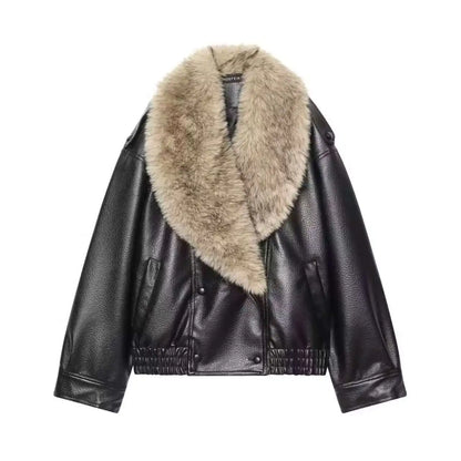 Elegant Faux Fur Collar Leather Jacket for Women with Long Sleeve Oversized Snap Button Bomber Style