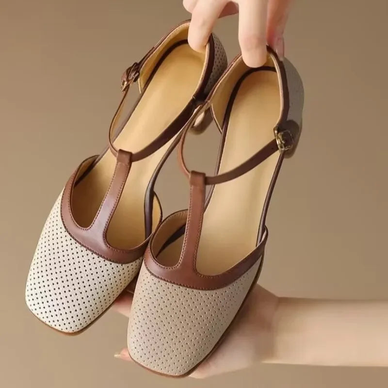 Elegant Perforated Leather T-Strap Sandal for Women with Square Toe Block Heel Buckle Mary Jane Style