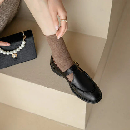 Elegant Leather Mary Jane Flats for Women with T Strap Buckle Round Toe Vintage Style
