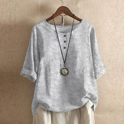 Effortless Patchwork Print Blouse for Women with Round Neck Elbow Sleeve Relaxed Boho Style