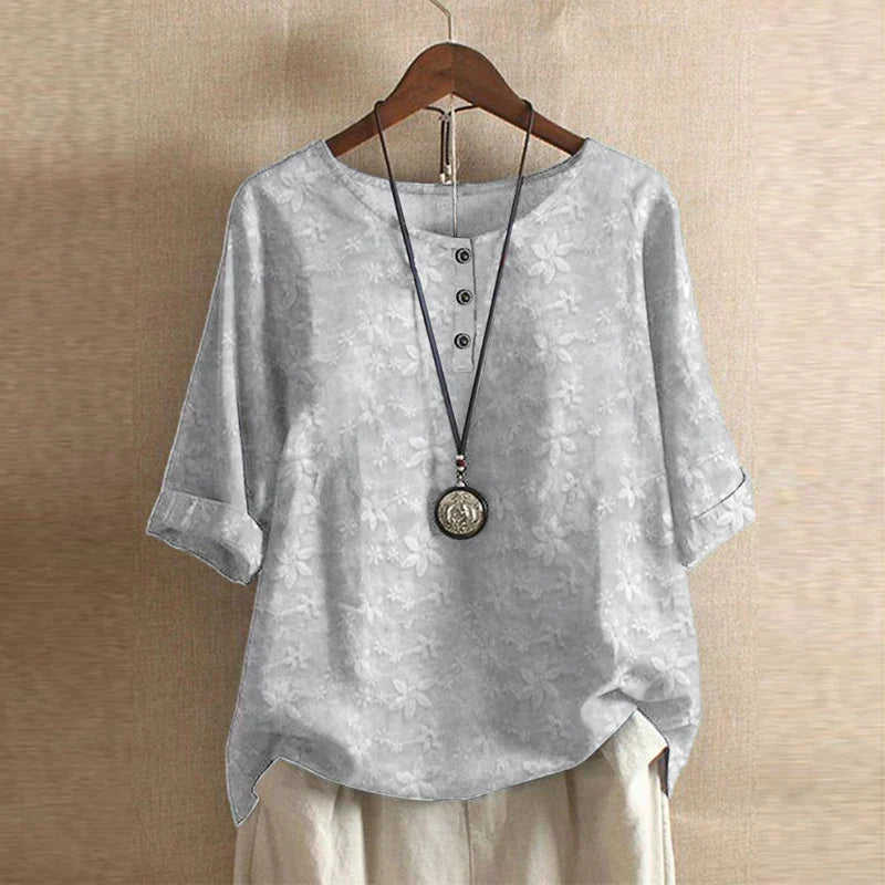 Effortless Patchwork Print Blouse for Women with Round Neck Half Sleeve Relaxed Boho Style