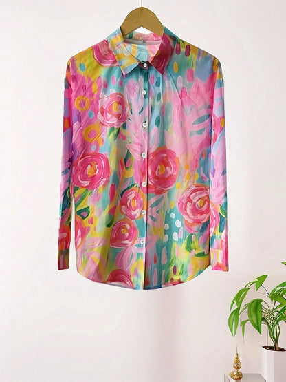 Effortless Watercolor Floral Blouse for Women with Collar Long Sleeve Button Front Relaxed Casual Style