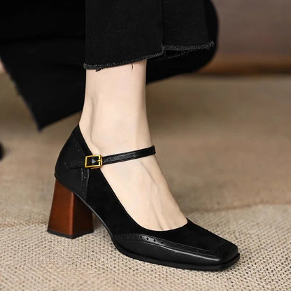 Elegant Brogue Mary Jane Pumps for Women with Square Toe Buckle Strap Block Heel Style