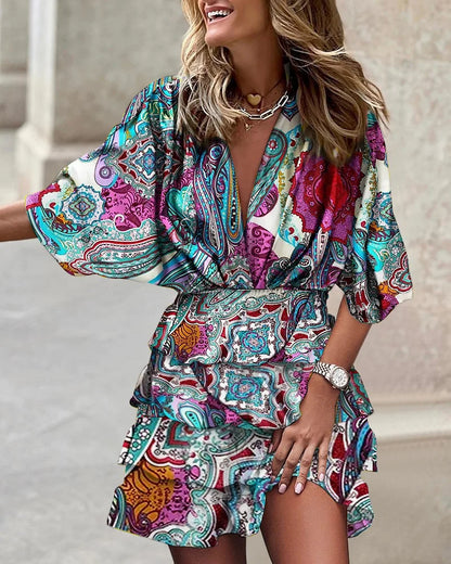 Effortless Floral Tiered Mini Dress for Women with V Neck Batwing Sleeve Smocked Waist Ruffle Style