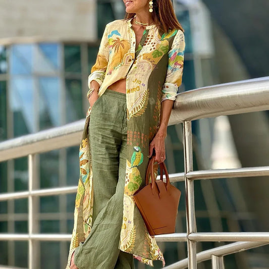 Effortless Tropical Print Wide Leg Set for Women with Button Front Long Sleeve Duster Two Piece Style