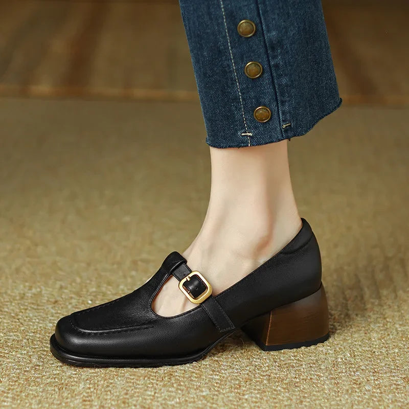 Elegant Leather Mary Jane Loafer for Women with Square Toe T Strap Buckle Block Heel Vintage Style