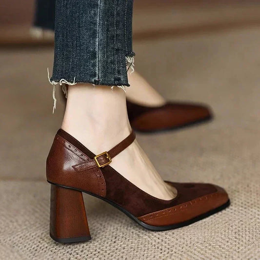 Elegant Brogue Mary Jane Pumps for Women with Square Toe Buckle Strap Block Heel Style