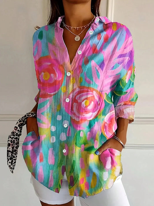 Effortless Floral Print Blouse for Women with V Neck Long Sleeve Button Front Relaxed Tunic Style