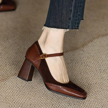 Elegant Brogue Mary Jane Pumps for Women with Square Toe Buckle Strap Block Heel Style