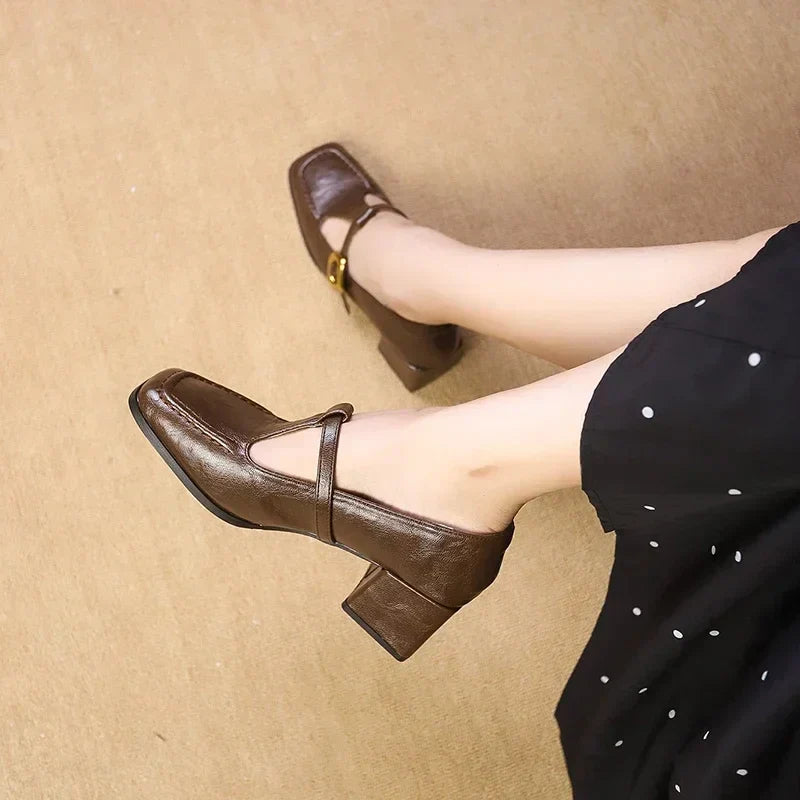Elegant Leather Mary Jane Pumps for Women with Square Toe T Strap Buckle Block Heel Vintage Style