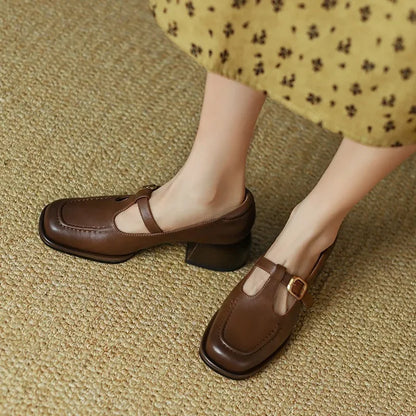 Elegant Leather Mary Jane Loafer for Women with Square Toe T Strap Buckle Block Heel Vintage Style