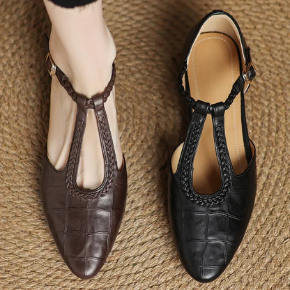 Elegant Croc Embossed T-Strap Flats for Women with Pointed Toe Braided Strap Buckle Closure Style