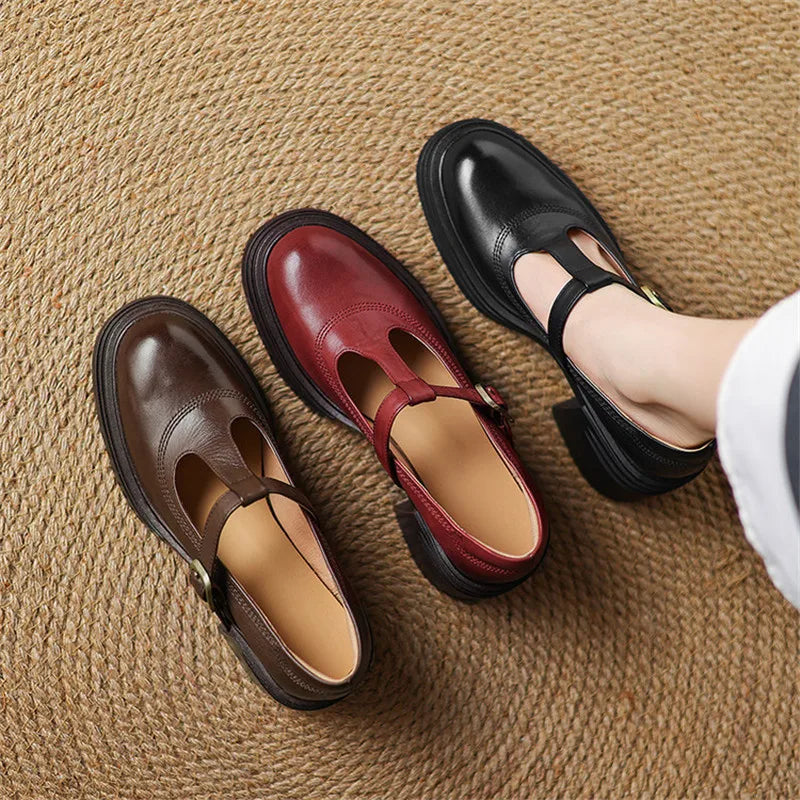 Elegant Leather Mary Jane Platform Heels for Women with T Strap Buckle Round Toe Chunky Heel Style