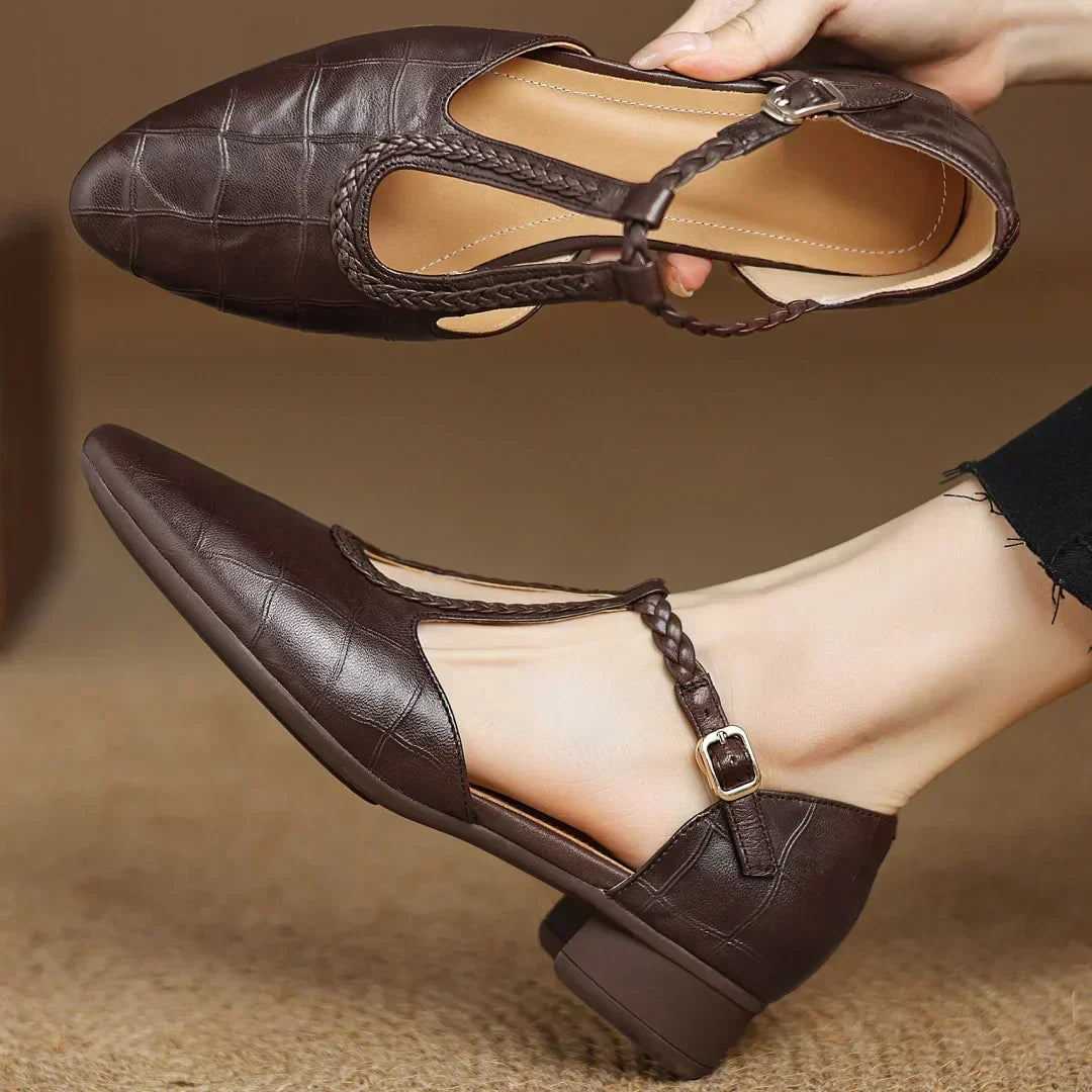 Elegant Croc Embossed T-Strap Flats for Women with Pointed Toe Braided Strap Buckle Closure Style
