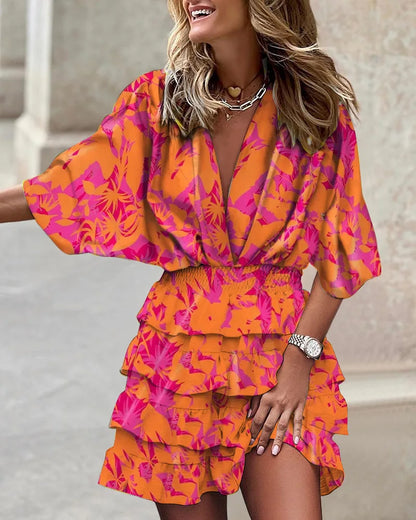 Effortless Floral Tiered Mini Dress for Women with V Neck Batwing Sleeve Smocked Waist Ruffle Style