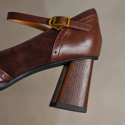 Elegant Brogue Mary Jane Pumps for Women with Square Toe Buckle Strap Block Heel Style
