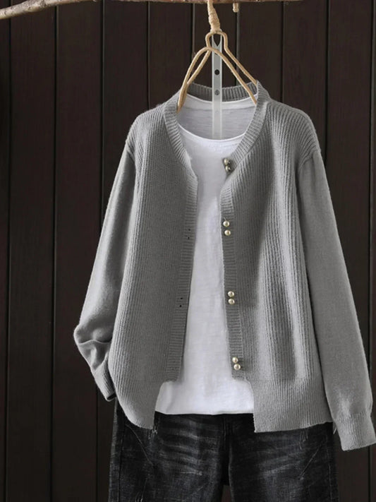 Comfortable Ribbed Cardigan Sweater for Women with Round Neck Long Sleeve Pearl Button Relaxed Oversized Style