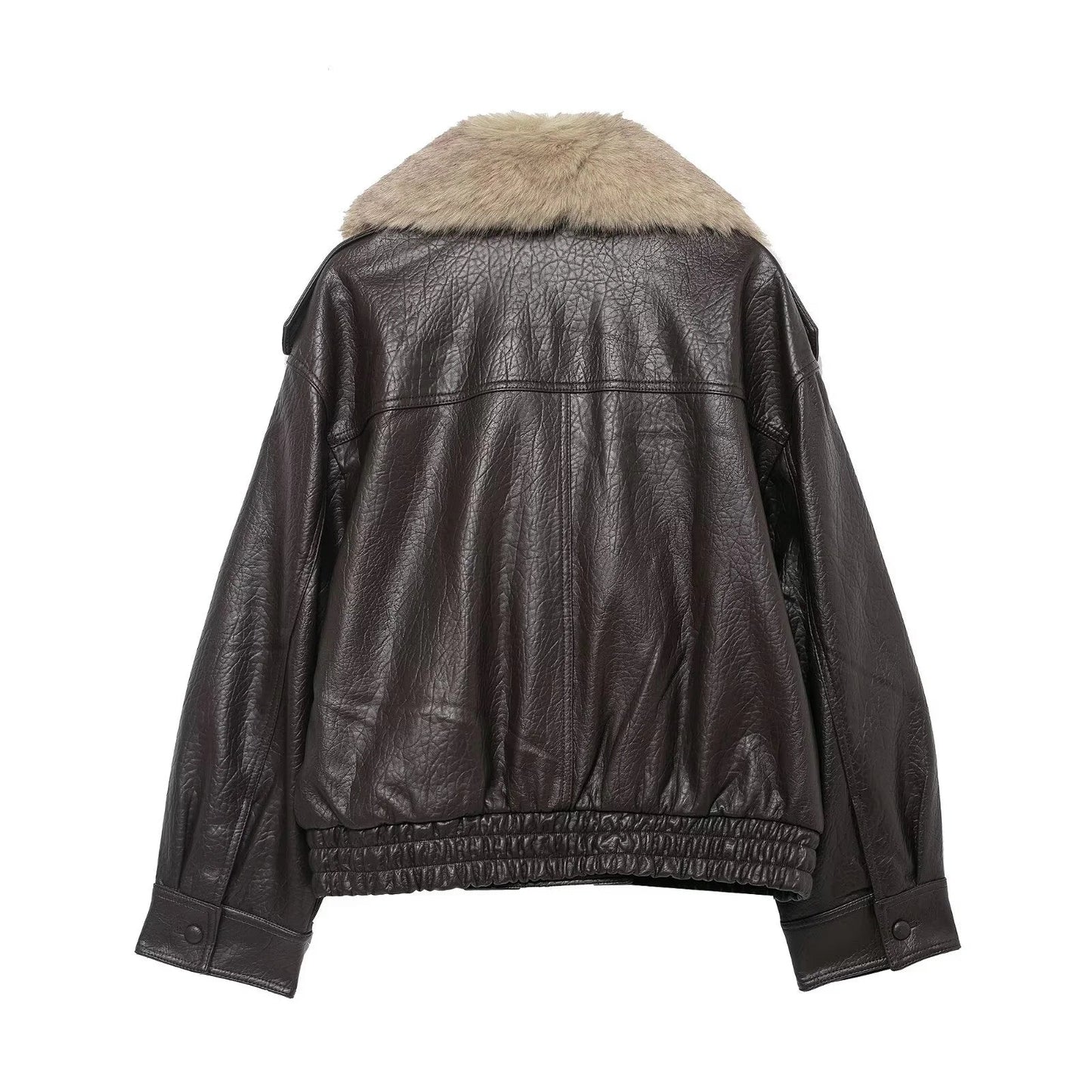 Elegant Faux Fur Collar Leather Jacket for Women with Long Sleeve Oversized Snap Button Bomber Style