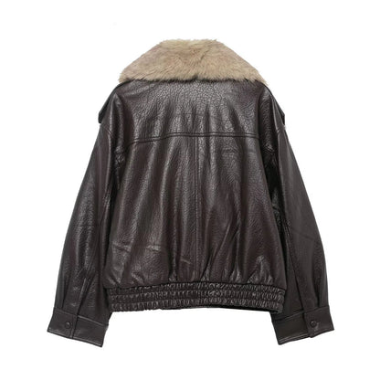 Elegant Faux Fur Collar Leather Jacket for Women with Long Sleeve Oversized Snap Button Bomber Style