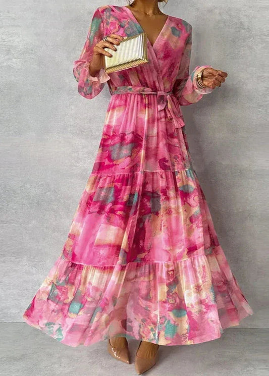 Effortless Pink Tie Dye Maxi Dress for Women with V Neck Wrap Long Sleeve Tiered Ruffle Bohemian Style
