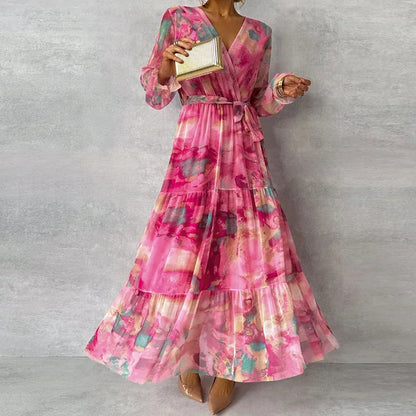 Effortless Pink Tie Dye Maxi Dress for Women with V Neck Wrap Long Sleeve Tiered Ruffle Bohemian Style