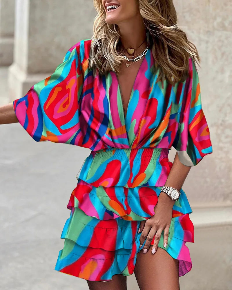 Effortless Floral Tiered Mini Dress for Women with V Neck Batwing Sleeve Smocked Waist Ruffle Style