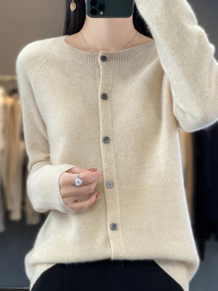 Comfortable Knit Cardigan Sweater for Women with Round Neck Long Sleeve Button Front Relaxed Style