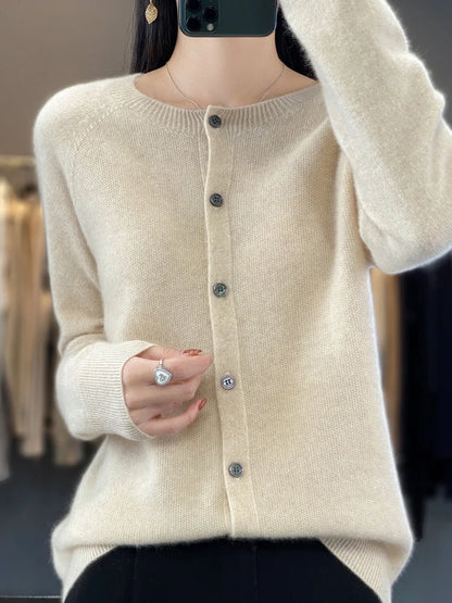 Comfortable Knit Cardigan Sweater for Women with Round Neck Long Sleeve Button Front Relaxed Style