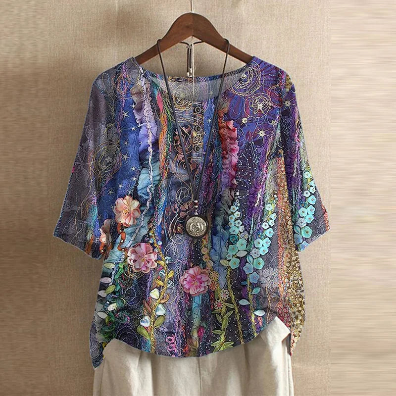 Effortless Patchwork Print Blouse for Women with Round Neck Elbow Sleeve Relaxed Boho Style