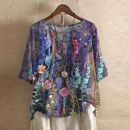 Effortless Patchwork Print Blouse for Women with Round Neck Elbow Sleeve Relaxed Boho Style