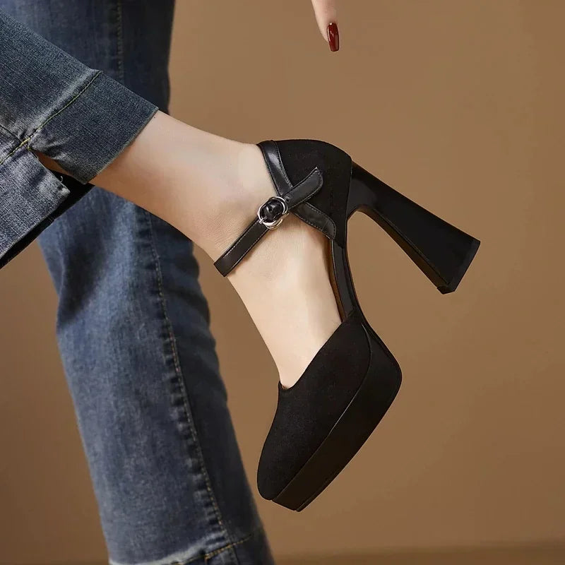 Stylish Suede Platform Pumps for Women with Mary Jane Ankle Strap Chunky Heel Style