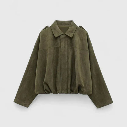 Effortless Faux Suede Cropped Jacket for Women with Point Collar Long Sleeve Oversized Bubble Hem Casual Style