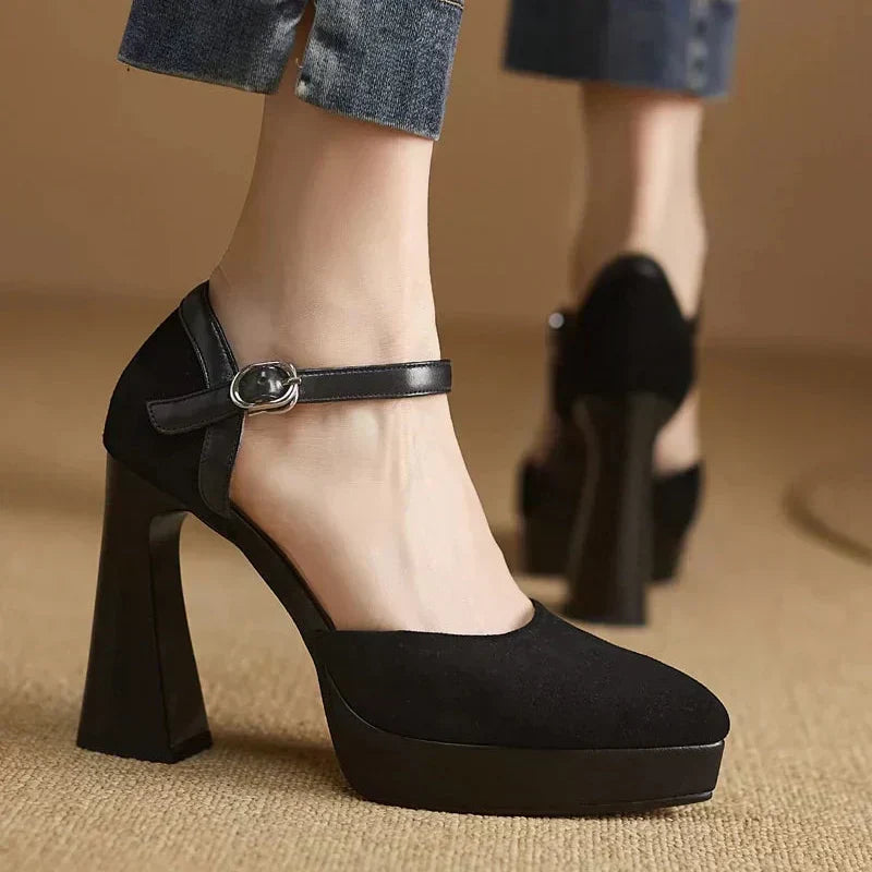 Stylish Suede Platform Pumps for Women with Mary Jane Ankle Strap Chunky Heel Style