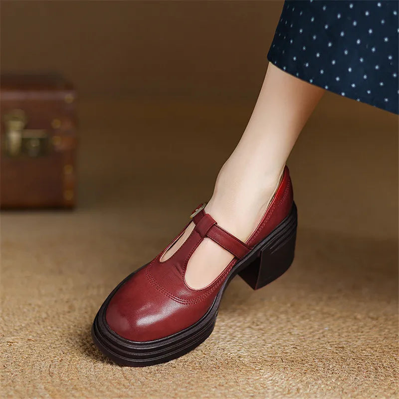 Elegant Leather Mary Jane Platform Heels for Women with T Strap Buckle Round Toe Chunky Heel Style