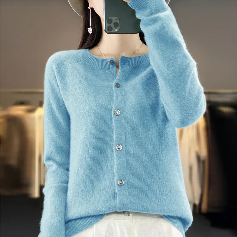 Comfortable Knit Cardigan Sweater for Women with Round Neck Long Sleeve Button Front Relaxed Style