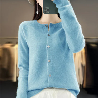Comfortable Knit Cardigan Sweater for Women with Round Neck Long Sleeve Button Front Relaxed Style