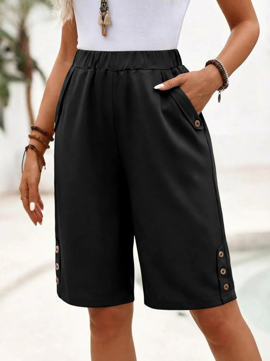 Effortless Black Bermuda Shorts for Women with High Waist Elastic Button Trim Relaxed Casual Style